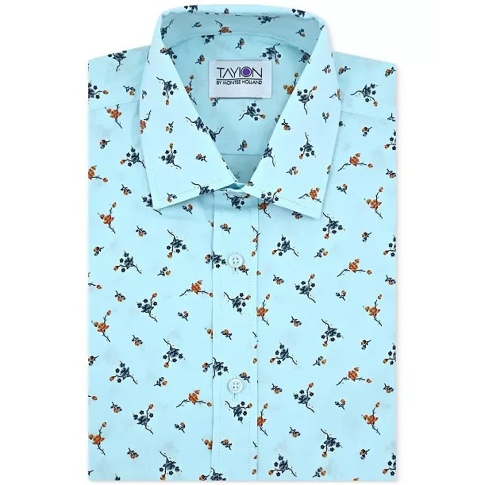 TAYION Men's Floral Print Dress Shirt‎ Light Blue Orange Medium 15.5 32/33
